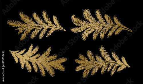 Christmas gold tree branch set, hand drawn	
