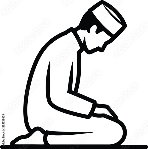 Muslim pray in kneeling position flat black line art vector illustration for ramadan kareem and eid mubarak