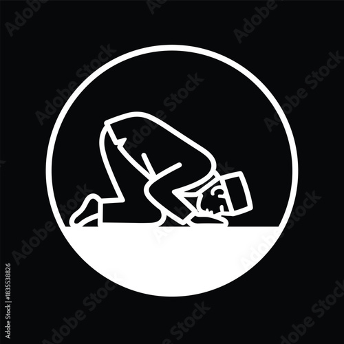 Muslim pray in sujood position inside circle outline flat white line art vector illustration for qibla direction