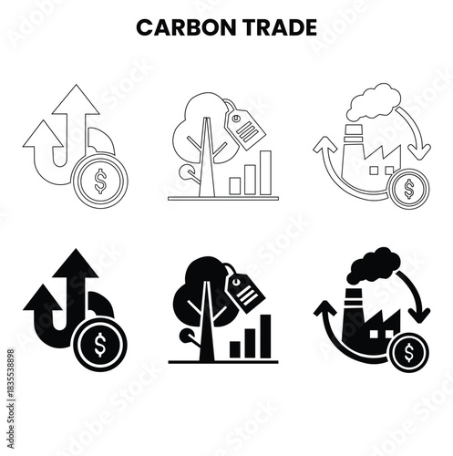 
Set of 6 Carbon Trade Icons  Finance and Environment Line Glyph Vector Icons
