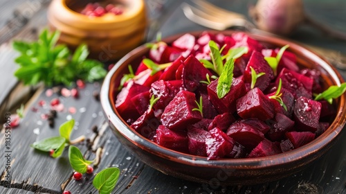 Bright beetroot salad with herbs and seasonings in a cup on the table.