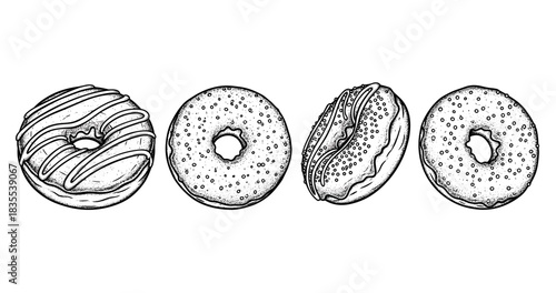 Hand-drawn donut illustrations with variety of toppings and patterns in black and white