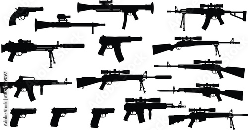 Collection of black vector gun silhouettes featuring pistols assault rifles sniper weapons and heavy machine guns isolated on white background.
