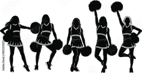 Set of active cheerleaders silhouettes with pom-poms, women in various dynamic cheering and dancing poses, black vector graphic collection for school sports, teams, and competitive events.