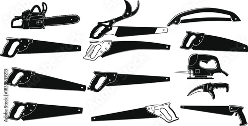 Diverse Set of Hand Saws, Chainsaw, Pruning Saws, and Jigsaw Vector Icons for Carpentry, Woodworking, and Gardening.