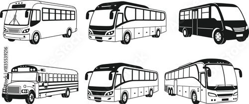 Diverse Set of Passenger Coaches, School Buses, and Shuttle Vehicles Vector Icons for Public Transportation and Travel Graphics.