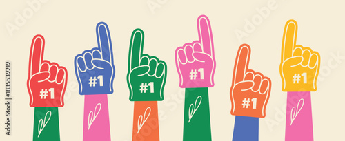 Sports Fans Wearing Foam Fingers and Cheering Hands, Showing Energetic Supporters Celebrating Their Team in a Dynamic Crowd Scene