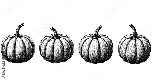 Four vintage style engraved pumpkins on white background