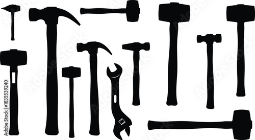 Diverse Set of Striking Tools, Including Claw, Sledge, Mallet, and Adjustable Wrench Vector Icons for Construction and Repair.