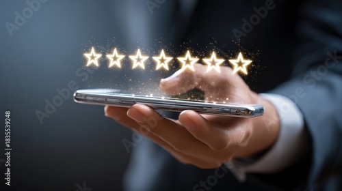 Rating the Digital Experience: A person interacting with a mobile phone and rating stars, showcasing the modern consumer's interaction and the importance of user feedback. 