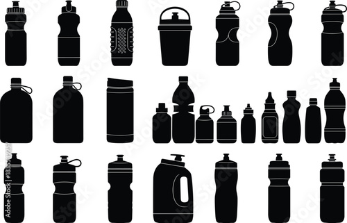 Large set of black vector silhouettes of sport water bottles and fitness shaker containers isolated on white background for design