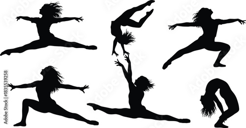 Female Performers Executing Leaps, Splits, Handstands, and Acrobatic Poses Vector Set for Fitness and Movement Design.