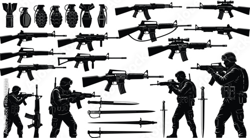 Military Weapons Silhouettes with Grenades, Rifles, Combat Knives, and Tactical Soldiers in Action Poses for War Design Concepts