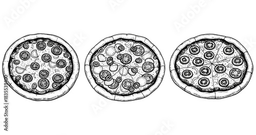 Three hand-drawn pizzas with varied toppings in black and white