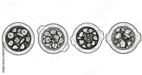 Hand-drawn black and white illustrations of various soup bowls in a row