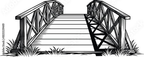 Vintage wooden footbridge sketch with railings and grass, black and white vector illustration, rural landscape pathway, rustic crossing design concept, isolated engraving style drawingVintage 