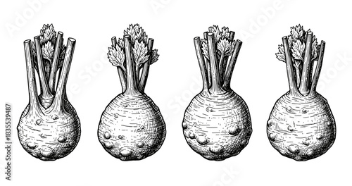 Hand-drawn celeriac illustrations with detailed stalks and leaves