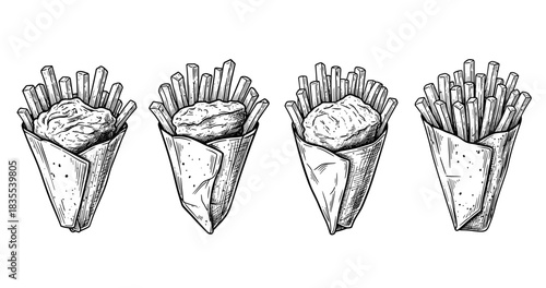 Black and white sketch of fries and chicken wraps in cones