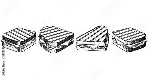 Set of hand-drawn grilled sandwiches in various shapes: square, heart, circular, triangular