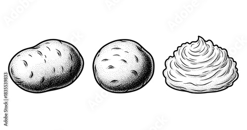 Hand-drawn potatoes and mash illustration in black and white