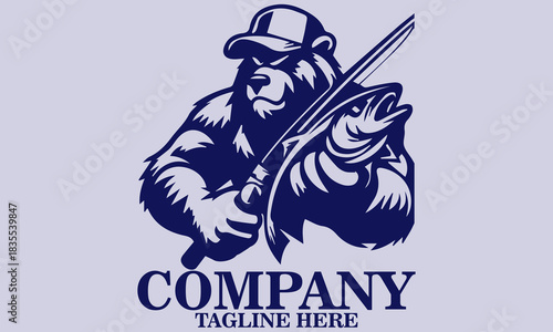 Anthropomorphic grizzly bear mascot fishing and wear a hat vector illustration and logo design