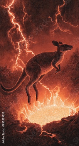 Kangaroo leaping through fiery landscape with dramatic lightning effects