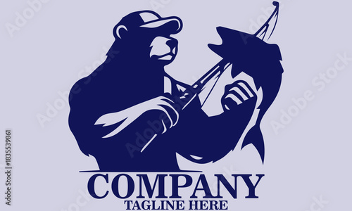Anthropomorphic grizzly bear mascot fishing and wear a hat vector illustration and logo design