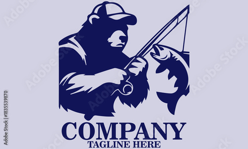 Anthropomorphic grizzly bear mascot fishing and wear a hat vector illustration and logo design