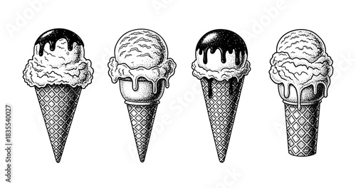 Monochrome vintage style ice cream cones with dripping toppings