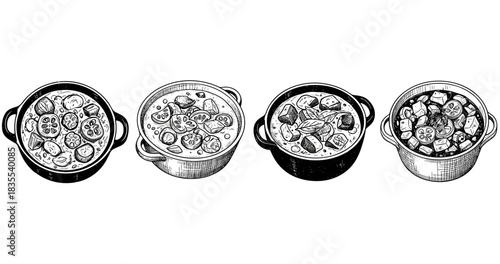 Assorted soups in bowls with vegetables and herbs: black and white illustration