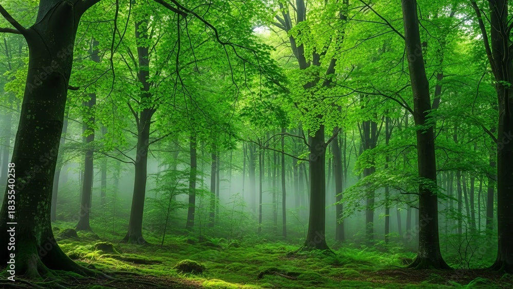 Fototapeta premium Lush forest scene with tall trees and vibrant green foliage under sunlight