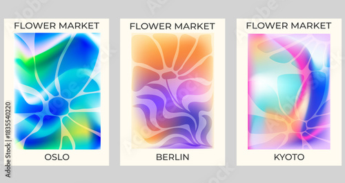 Abstract colorful gradient floral poster set for modern design. Minimalist poster with flower. Modern  wallpaper design for home decoration, website, banner, ads