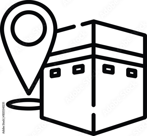 Outline kaaba muslim pray icon with location pin shows qibla direction for mecca pilgrimage and islamic worship