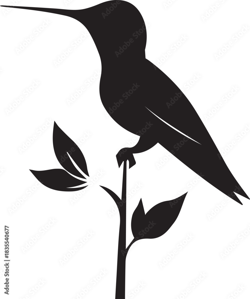 Obraz premium Silhouette of hummingbird with sitting on branch vector on white background