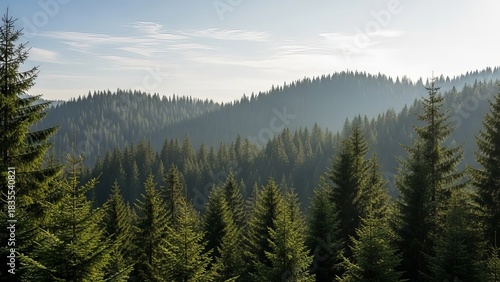 Panoramic view of a lush green forest with rolling hills under a hazy sky