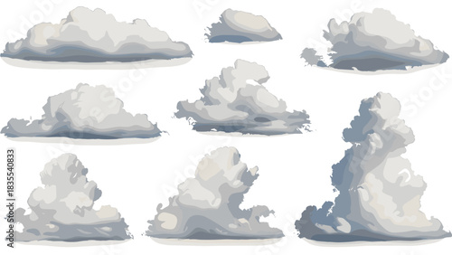 Collection of beautiful white fluffy cumulus clouds various shapes forms isolated on white background environment element