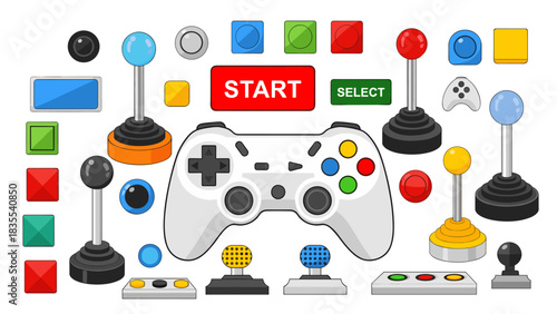 A vibrant collection of retro and modern video game controllers joysticks and buttons isolated on white background
