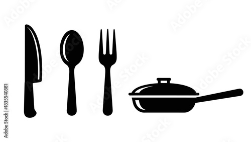 Black silhouette illustration of kitchen utensils cooking food preparation isolated on white background