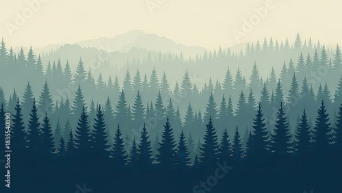 Silhouetted forest landscape with layers of trees and mountain range