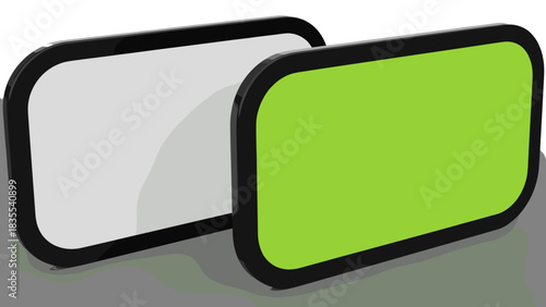 Two blank digital display screens with rounded corners showcasing white and green surfaces for modern technology concepts