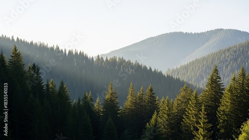 Mountain landscape with evergreen trees and sunlight casting shadows across the hills