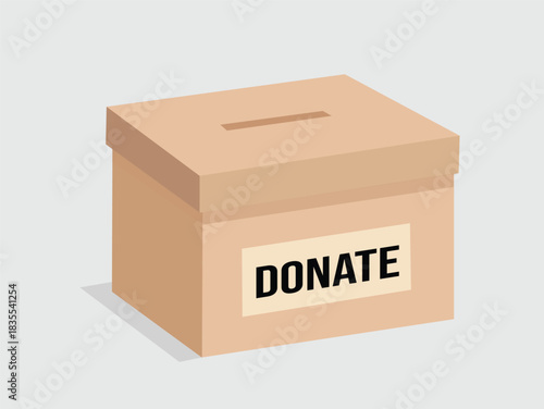 A simple, closed cardboard donation box with a slot on top and the word "DONATE" printed on a label on the front.