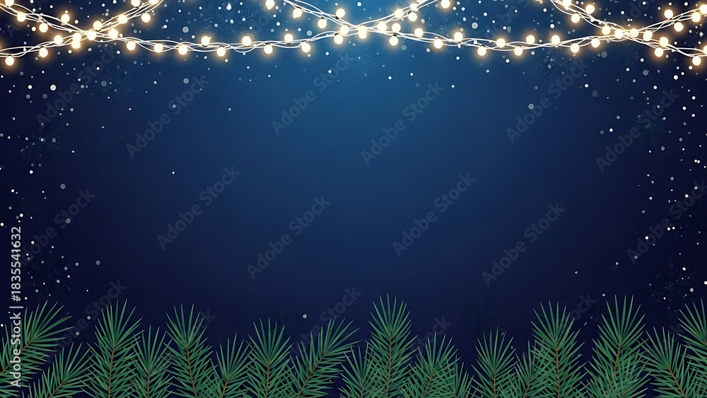 Obraz premium Elegant Christmas background with golden, red ornaments, greenery for season's greetings. Festive Christmas background displays golden balls, stars, red berries on green fir branches.