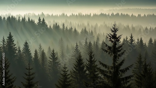 Forest landscape with layers of trees and morning fog creating a natural scene