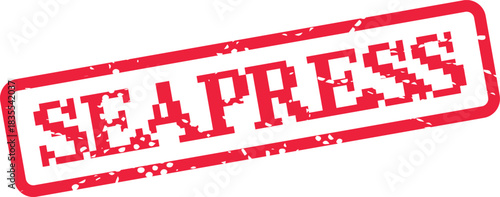 Red grunge textured rubber stamp impression featuring the word SEAPRESS for media communication