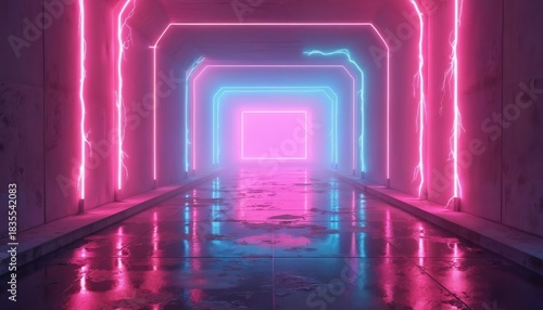 Fototapeta Naklejka Na Ścianę i Meble -  Abstract 3D render shows glowing neon tunnel. Pink and blue lights create a futuristic sci-fi vibe. Modern digital art features bright colors and design for a cool background.