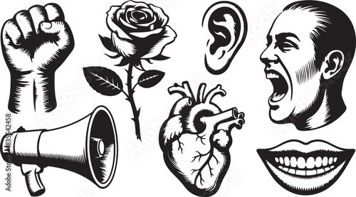 Symbolic black and white vector set: fist, rose, heart, megaphone, scream, smile. Bold woodcut style for protest art, album covers, posters, t-shirts