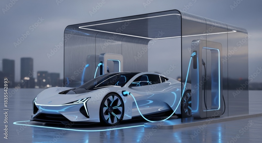 Naklejka premium Futuristic Electric Car Charging at Modern Station with Cityscape.