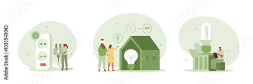 home energy, efficiency, family, smart home, technology, electricity, light bulb, house, plug, socket, power, concept, illustration, flat design, people, savings, money, eco-friendly, sustainable, gre