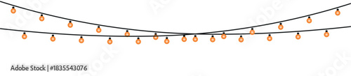 Two strands of orange halloween lights hanging on black wires against a white background illustration , glowing holiday lights garland bulbs, twinkling fairy lights glow